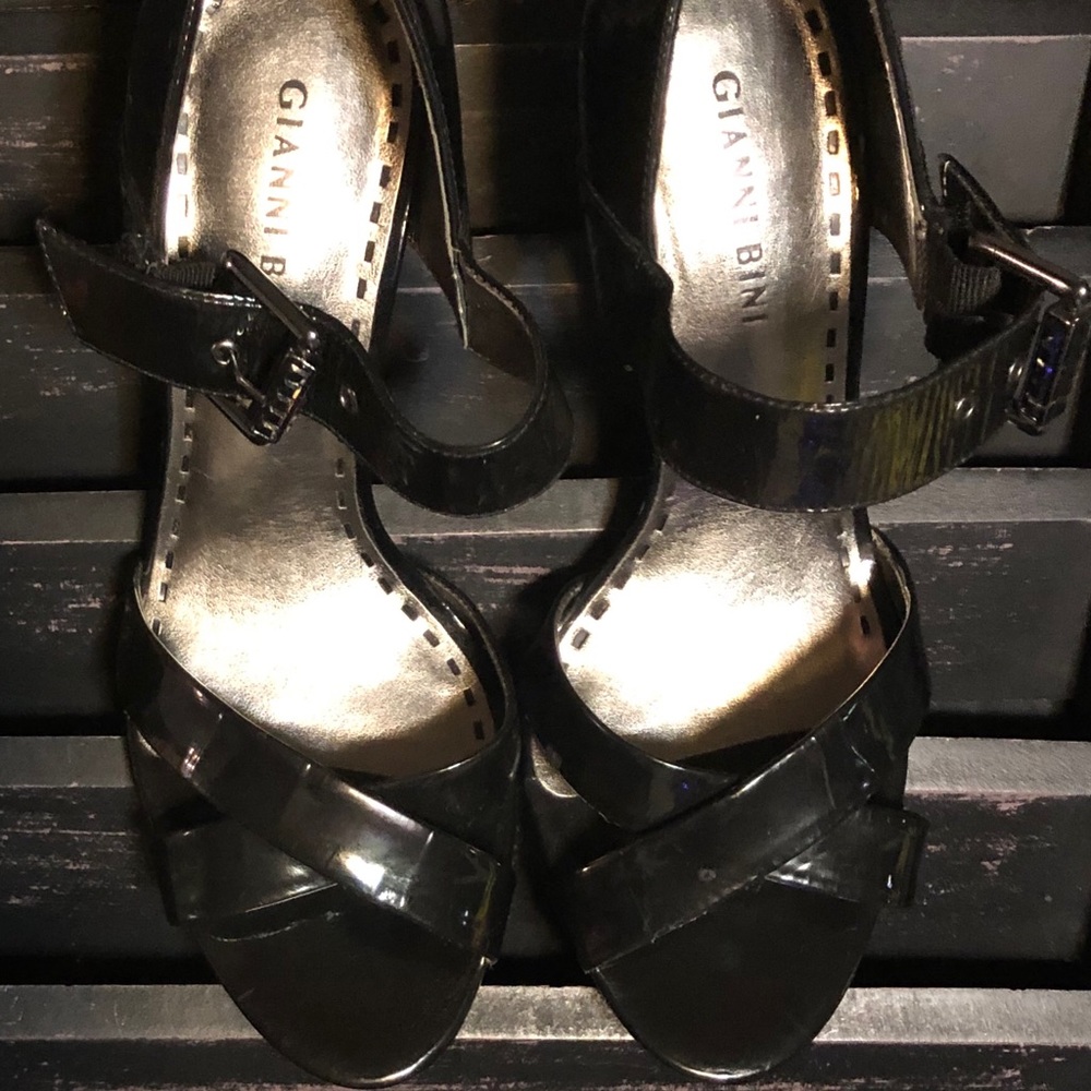 GIANNI BINI Black Iridescent Open Toe Pumps